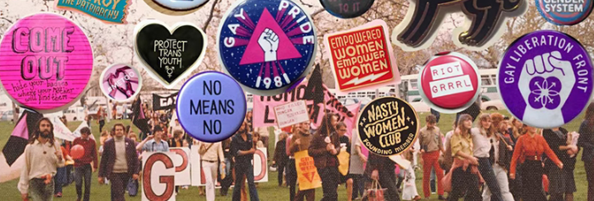 Collection of badges from the Australian Queer Archives
