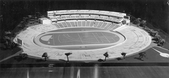 A photograph of the model made of the ‘new grandstand’ to be built for the Games