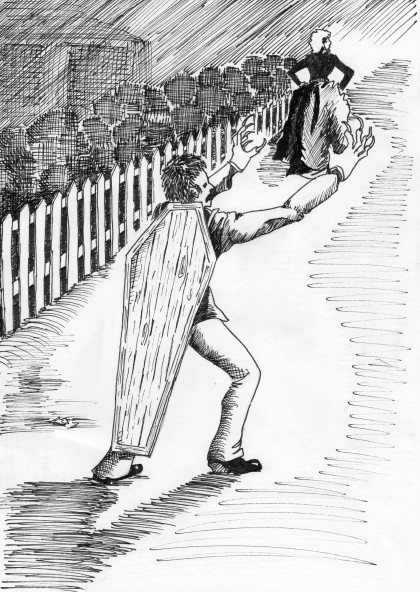 Artist’s impression of the Ballarat hoaxer who assaulted a woman on Eureka St while dressed as a ghost in phosphorous, with a coffin lid strapped to his back. 