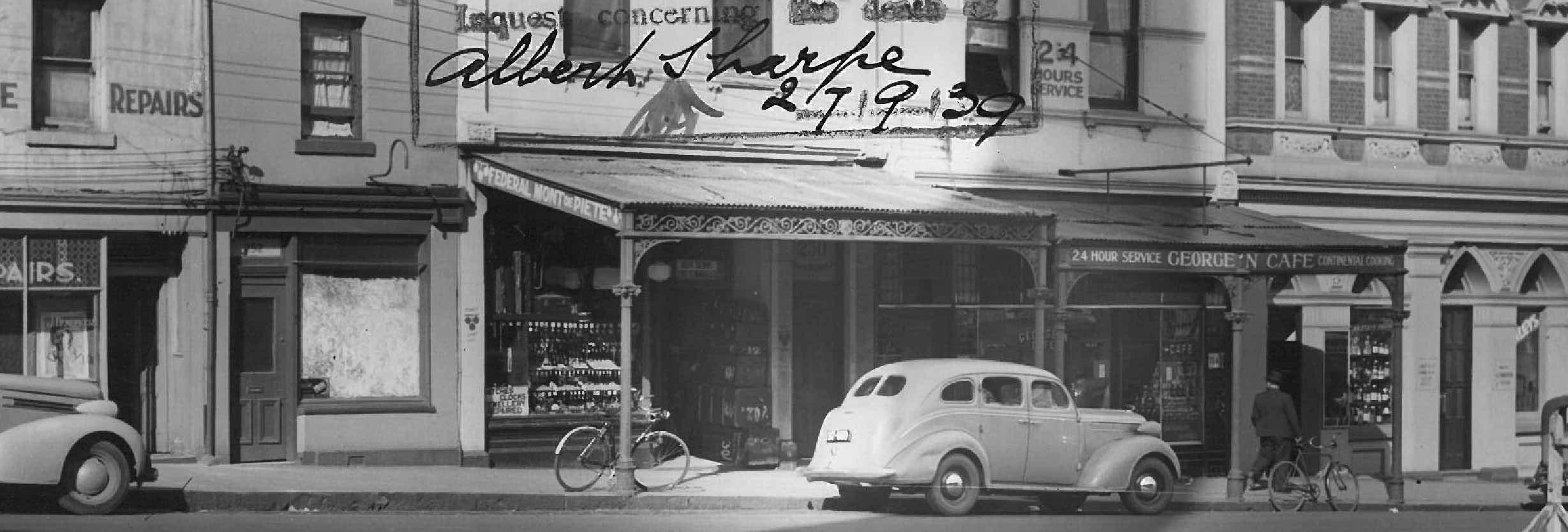 Crime scene photo from outside the George 'N Cafe, VPRS 30/P0 Unit 2861 Black and white photo of a crime scene