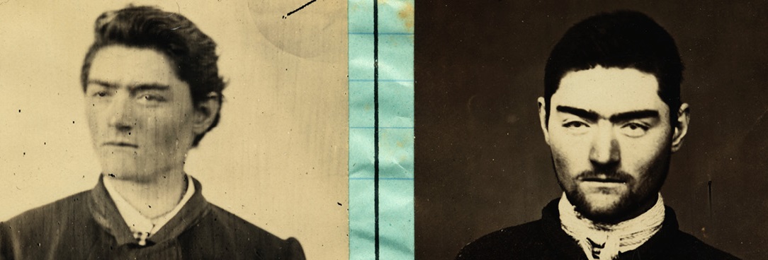 Prison register mugshot of Ned Kelly, VPRS 4966/P0 Unit 1 Item 1 Black and white photo, prison mugshot of Ned Kelly