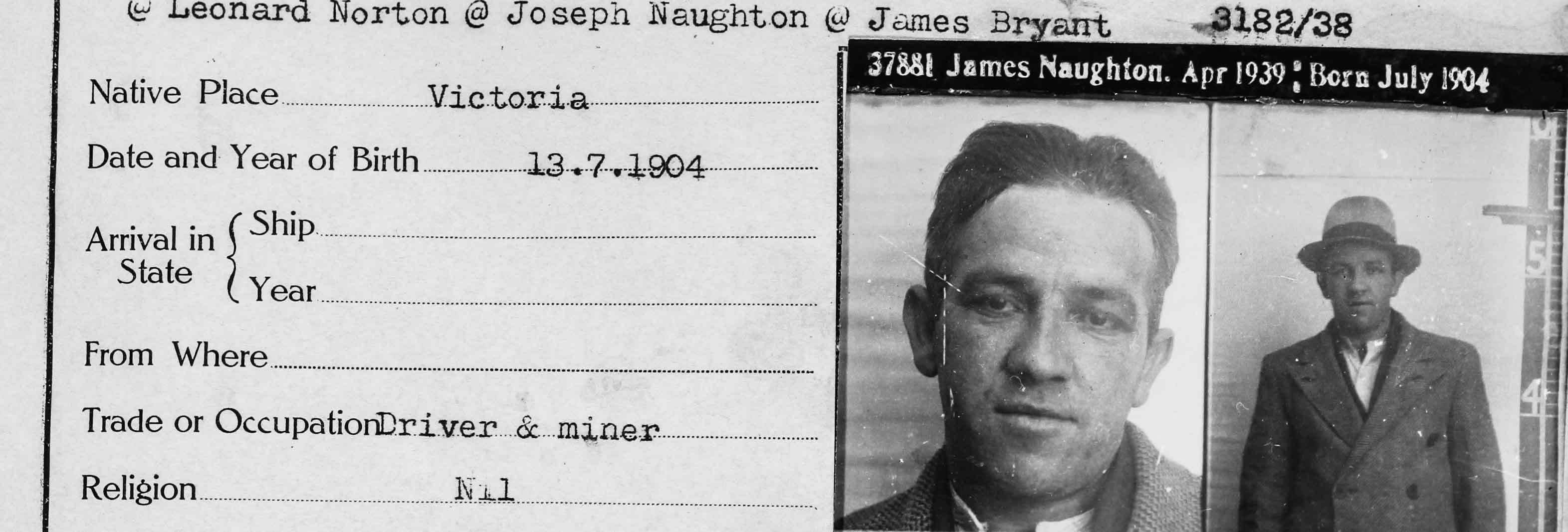Criminal file on James Naughton, 1939, CPRS 7856/P1 Unit 39 Black and white image, mugshot and description of accused man
