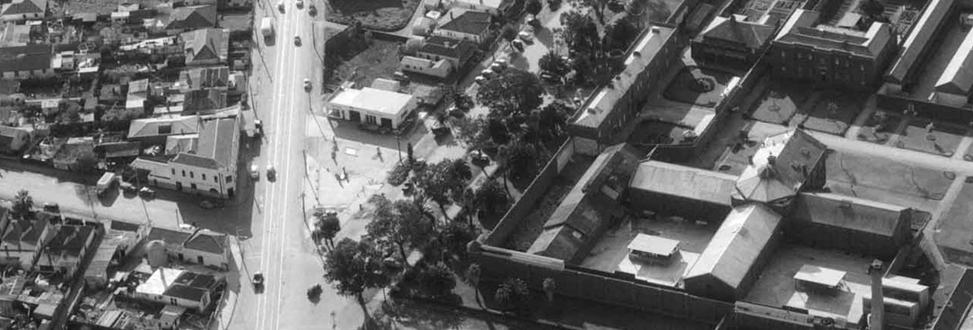 aerial photograph of Pentridge prison 1955 old black and white image of cemetary