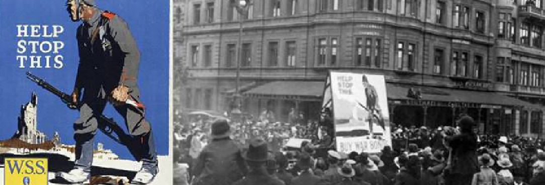 Crowd gathers in Melbourne 1918 and American poster is shown to the left