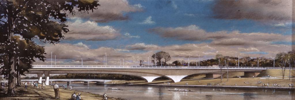 Figure 6: Detail of a photographic slide taken of a framed artist impression of the Yarra bridge for the eastern ring-road, which roughly coincides with the location of the current underground CityLink tunnels. This view of the bridge’s elegant span is from the Jolimont side looking eastward, the Swan Street bridge can be seen in the background, PROV, VPRS 8609/P37, Unit 60, F MISC