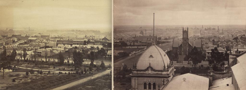 Figure 6: Composite panoramic sequence of view looking west from the roof of the Exhibition Building, Carlton Gardens, with Rathdowne Street running across the middle distance and St Andrew’s Presbyterian Church and Manse observable to the right of the dome, c. 1880 – c. 1889, State Library of Victoria, H141261 and H4570, attributed to Charles Nettleton.