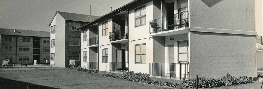 Early examples of social housing apartments in Richmond, Melbourne Black and white photo of social housing units in Richmond Melbourne