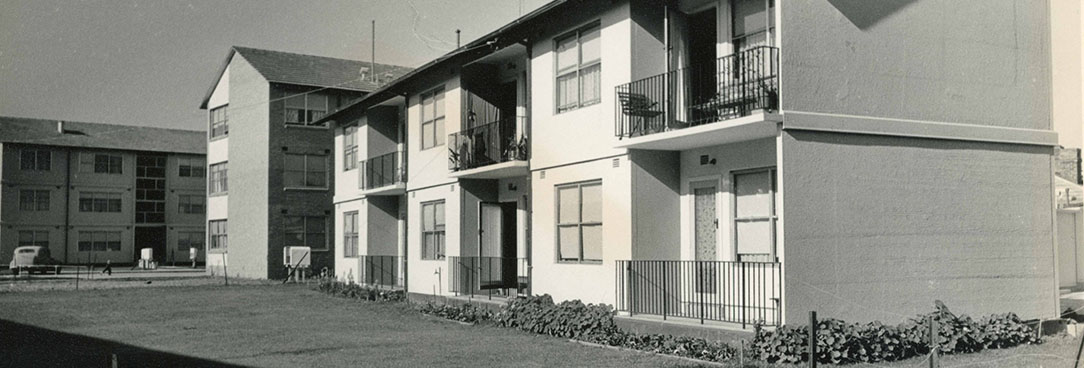 Black and white photo of social housing units in Richmond Melbourne