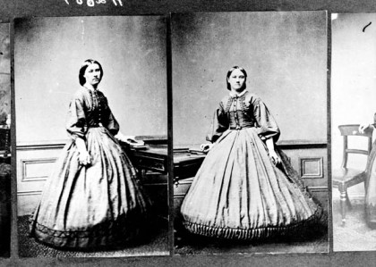 Black and white images of a woman in a hoop dress - possibly from the Victorian era.