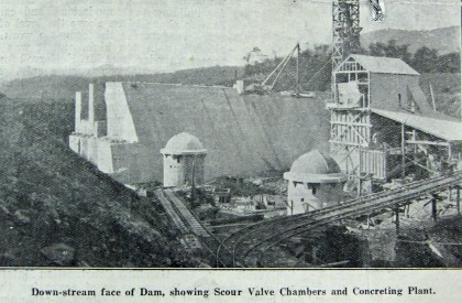 Photograph of the down-stream side of the dam wall showing the ‘two scour valve chambers’, now referred to as valve houses