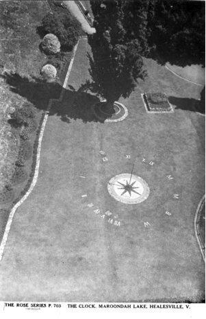 Postcard showing the sundial from the dam wall, circa 1950s.