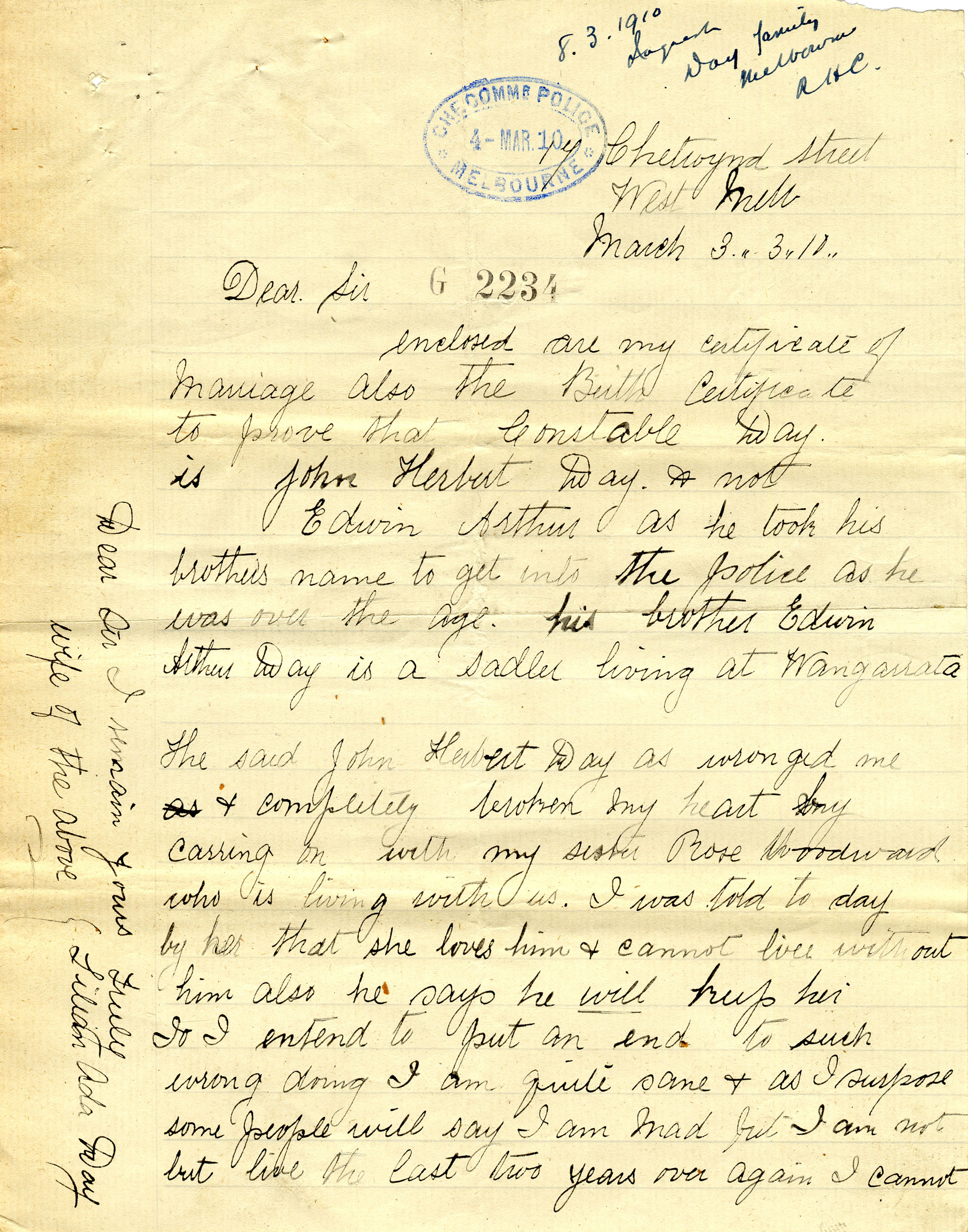 Revenge-laden letter written by Lilian Day to expose her husband’s falsified entry to the Victorian police force.