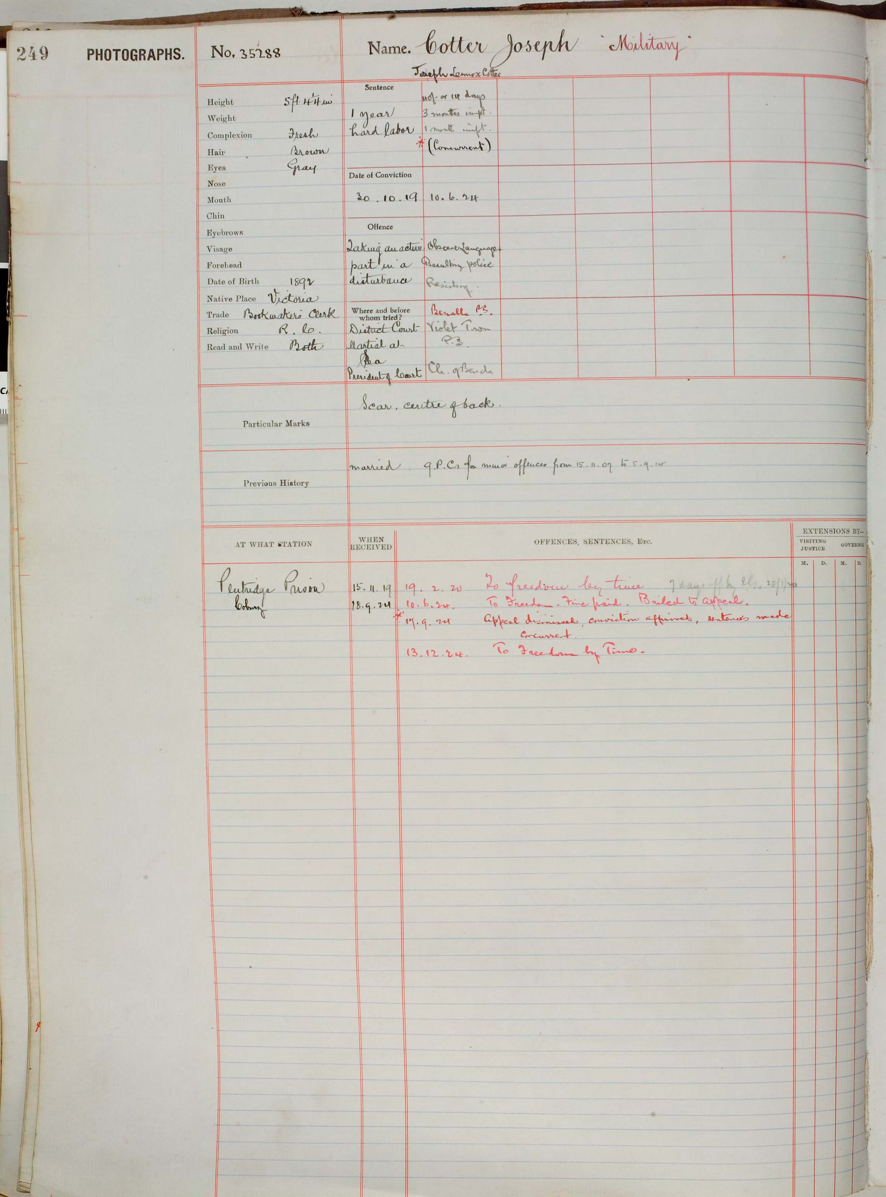A sheet of paper that says 'cotter joseph' at the top listing his convictions