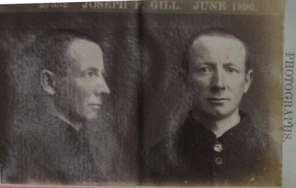 Photograph of Joseph F Gill, June 1896. PROV, VPRS 515/P0 Central Register for Male Prisoners, Unit 50, prisoner number 27352, folio 76.