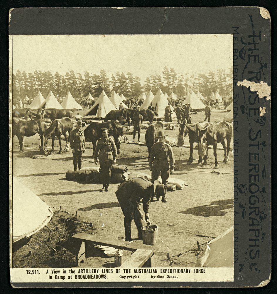 Photograph of artillery lines of the Australian Expeditionary Force in camp at Broadmeadows.