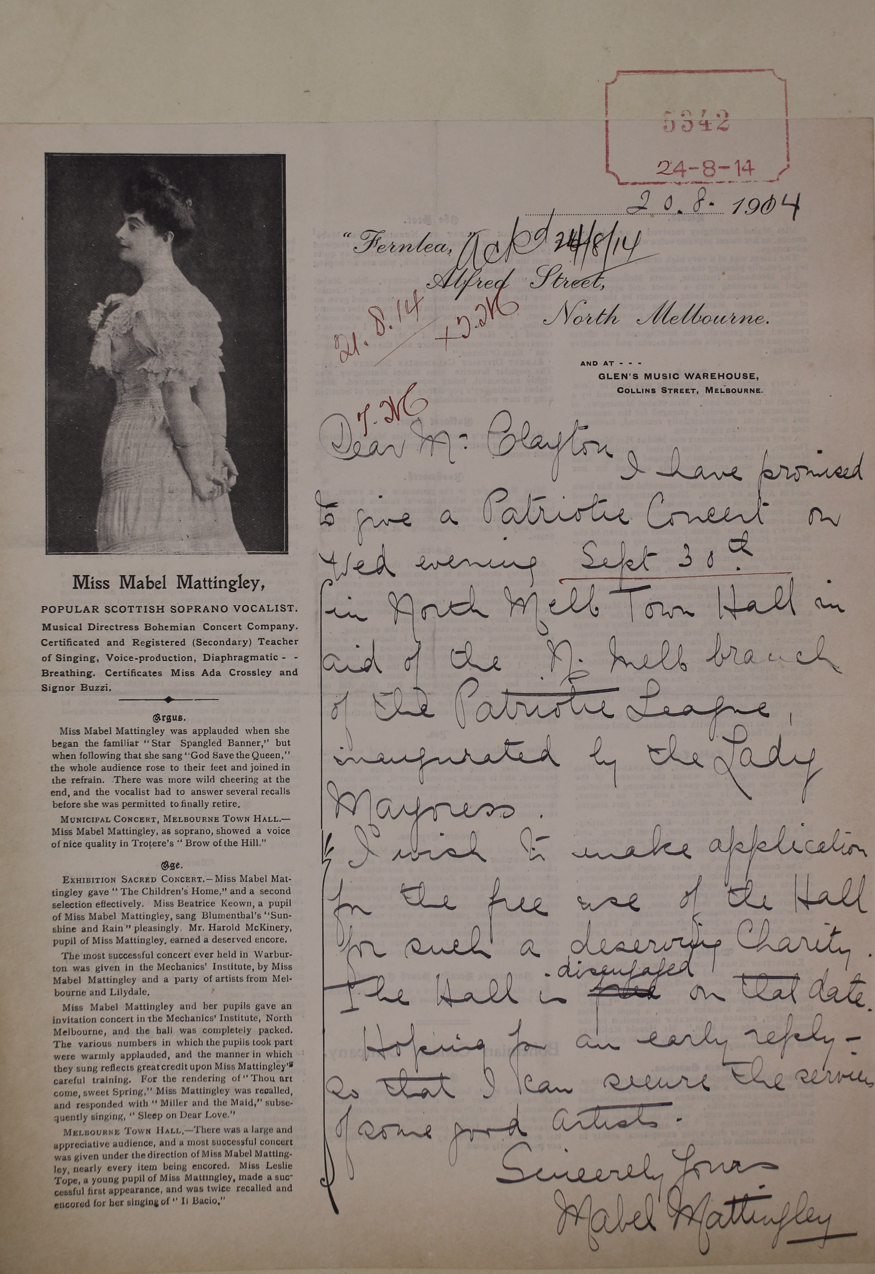 Image of letter regarding a Patriotic Concert featuring Mabel Mattingly.