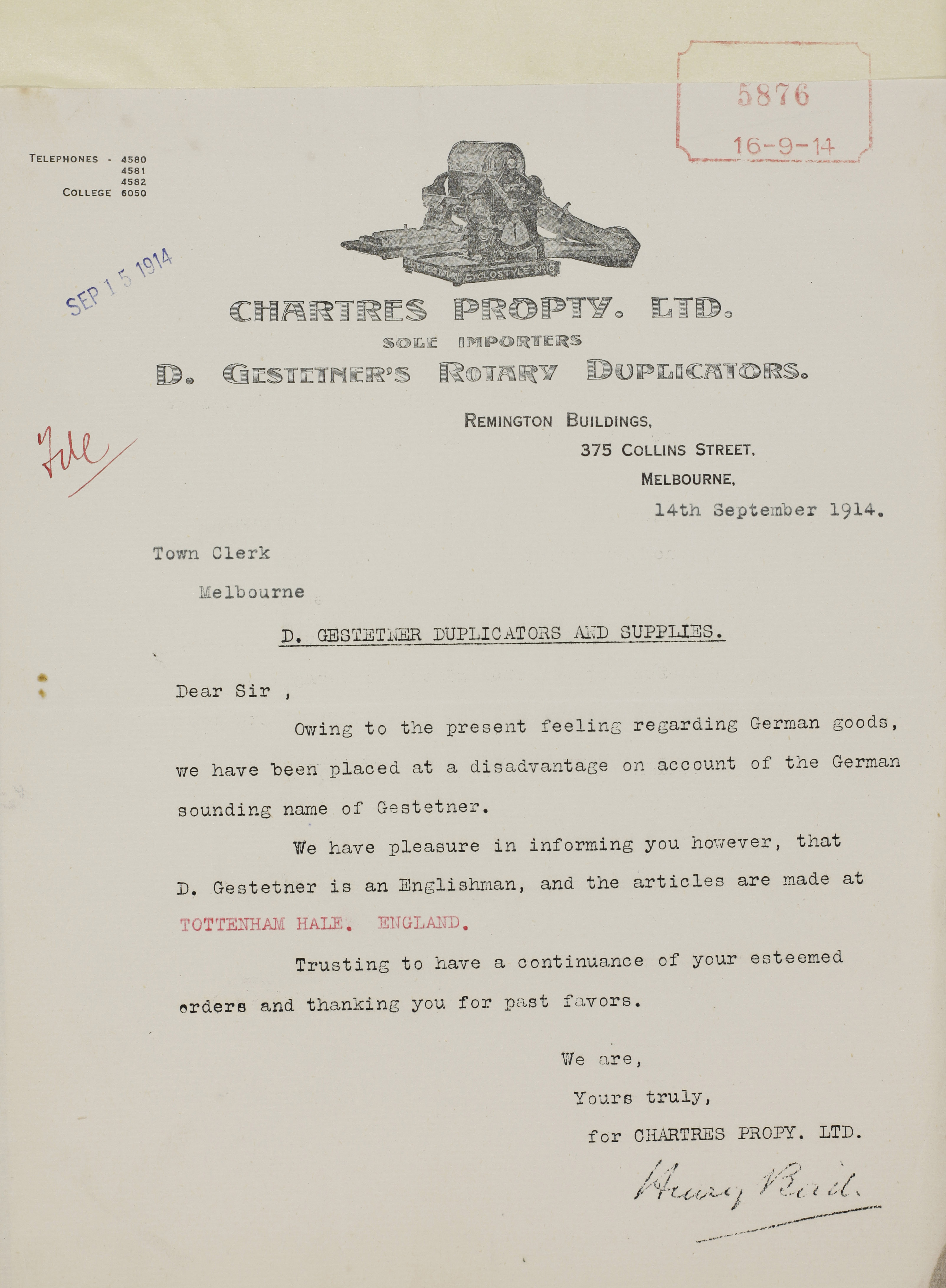 Image of letter from Chartres Pty Ltd, 14 September 1914.