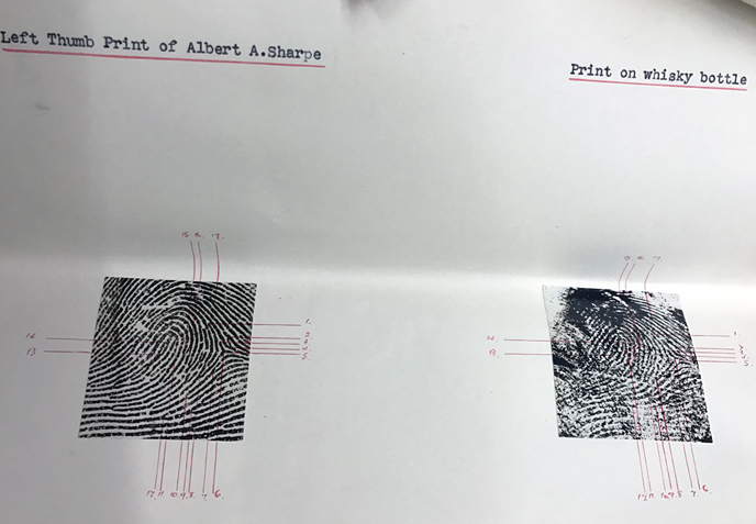 Comparing Sharpe's fingerprints to the ones on the bottle