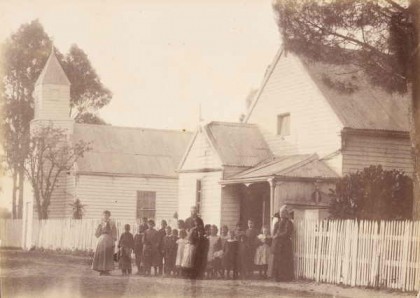 [Group standing in front of Church and State School, Ramahyuck Mission] [picture] a13412. Allan Studio [ca. 1900]. Courtesy of State Library of Victoria.