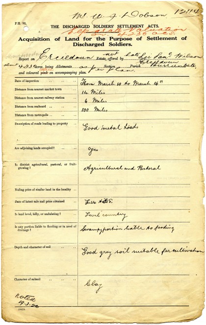 An example of the forms used by inspectors to assess the suitability of the land for soldier settlement, WJ Dobson