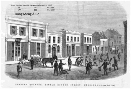 ‘Chinese Quarter, Little Bourke Street, Melbourne’. Wood engraving inThe Australian news for home readers, 21 October 1863. Digitised imagecourtesy of State Library of Victoria, Picture Collection – Accession No: IAN21/10/63/5, Image No: mp000693.