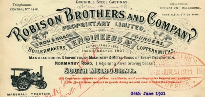 Letter from Robison Brothers and Company, Normanby Road, South Melbourne, dated 24 June 1921.