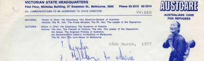 Letter from Wystan Widdows, Victorian State Director of Austcare, requesting permission to collect money on the city’s streets for the Romanian earthquake relief fund, on 1 April 1977