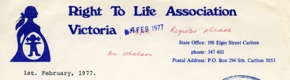 Letter from K Hudson, Right to Life Association Victoria, requesting permission to assemble in City Square on Right to Life Day, 27 March 1977. 
