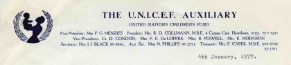 Letter from Estelle Collman, President of the UNICEF Auxilliary, detailing some issues with holding the annual UNICEF fundraising fair in the Lower Town Hall, dated 4 January 1977. 