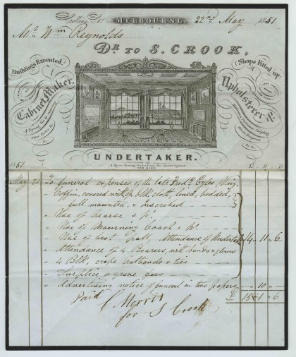 S Crook, cabinet-maker and undertaker, to William Reynolds for the funeral of Mr Frederick Gyles, dated 22 May 1851.