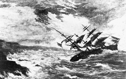Image of a ship in a storm, bending to one side 