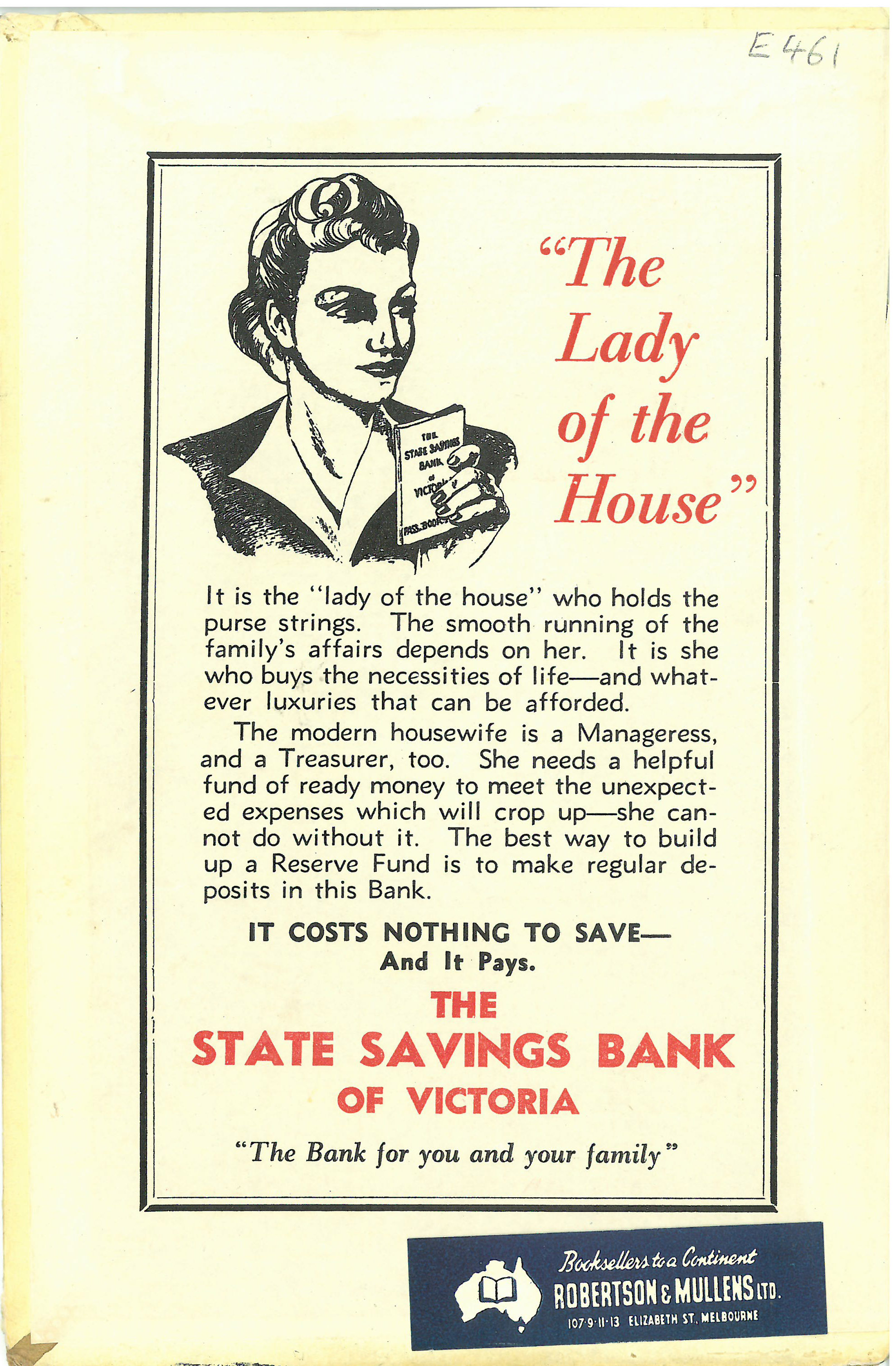 The back inside cover of the same book - including the State Savings Bank of Victoria' brand
