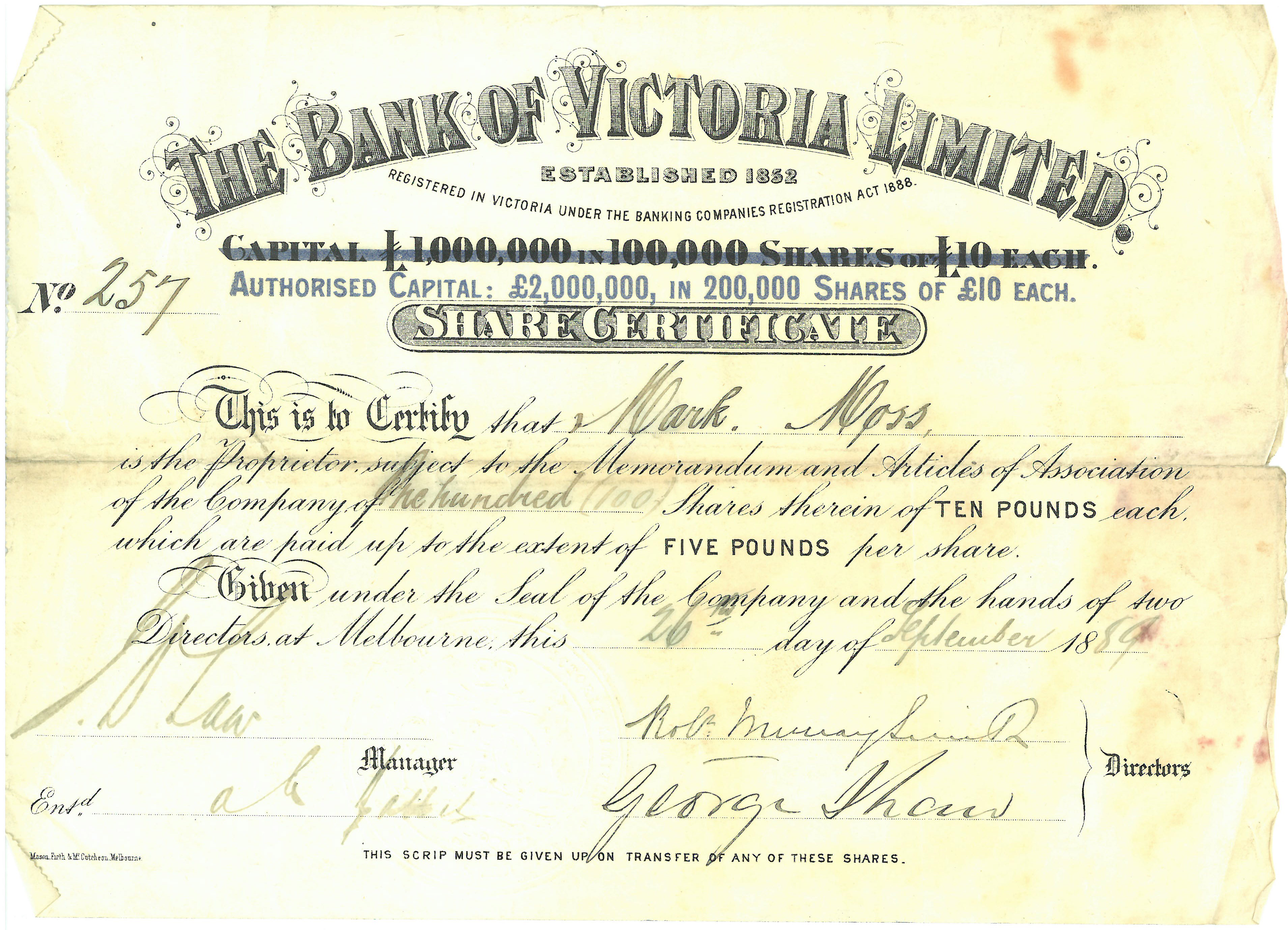 A share certificate from 1889