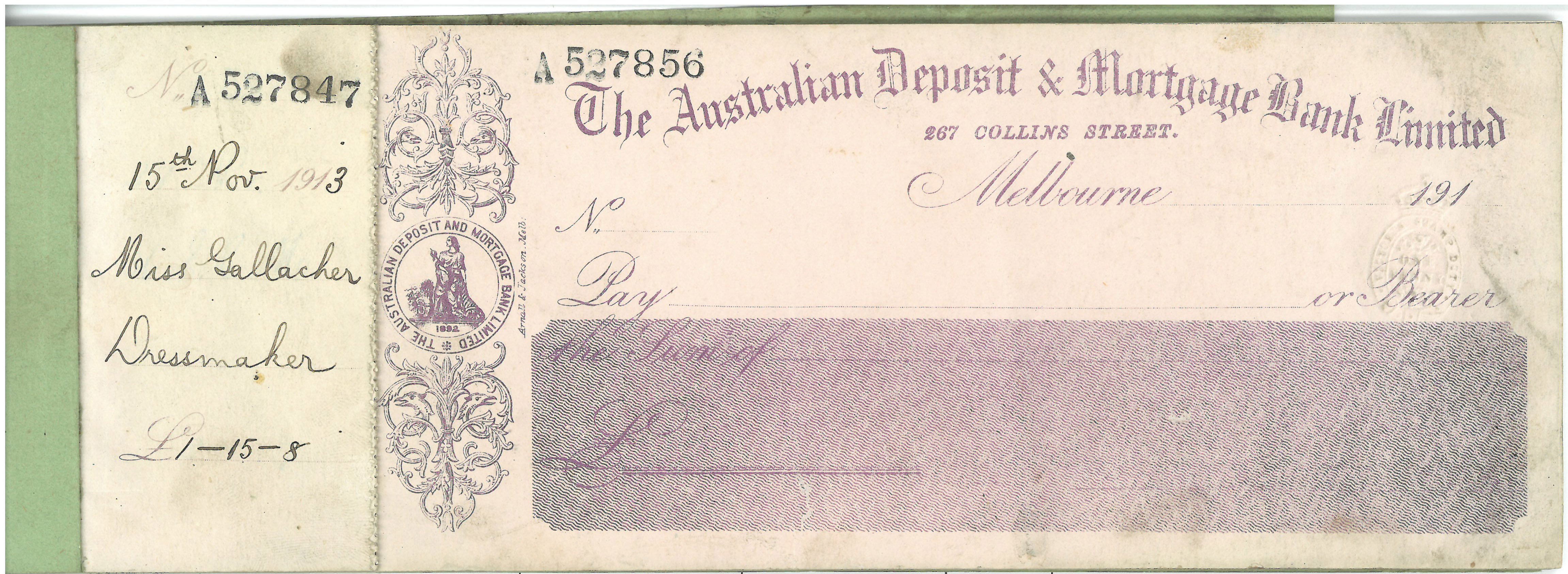A cheque book from 1913
