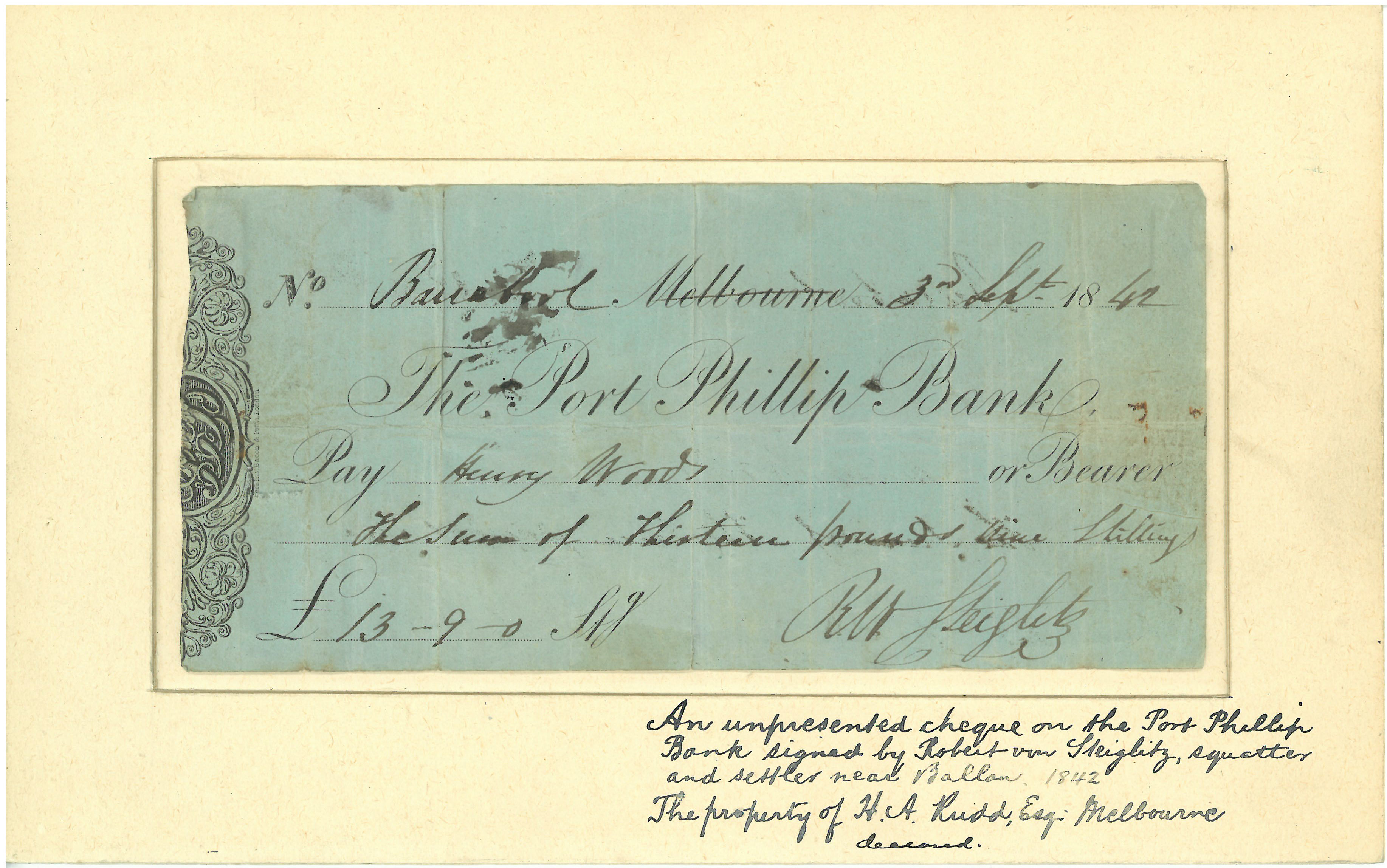 An unpresented Port Phillip Bank cheque dated 1842