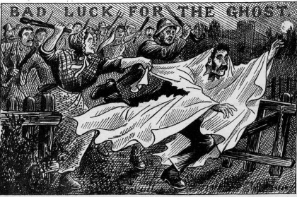 Illustration of a ghost hoaxer beaten by a mob in Devon 1894